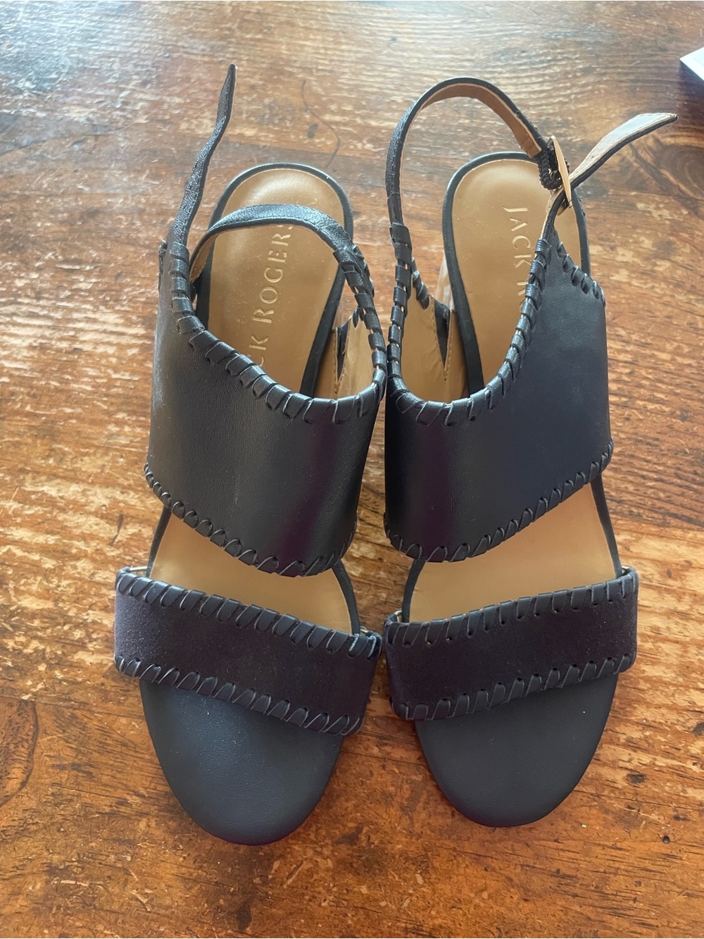 Jack Rogers Navy Leather Whipstitch Slingback Sandals
